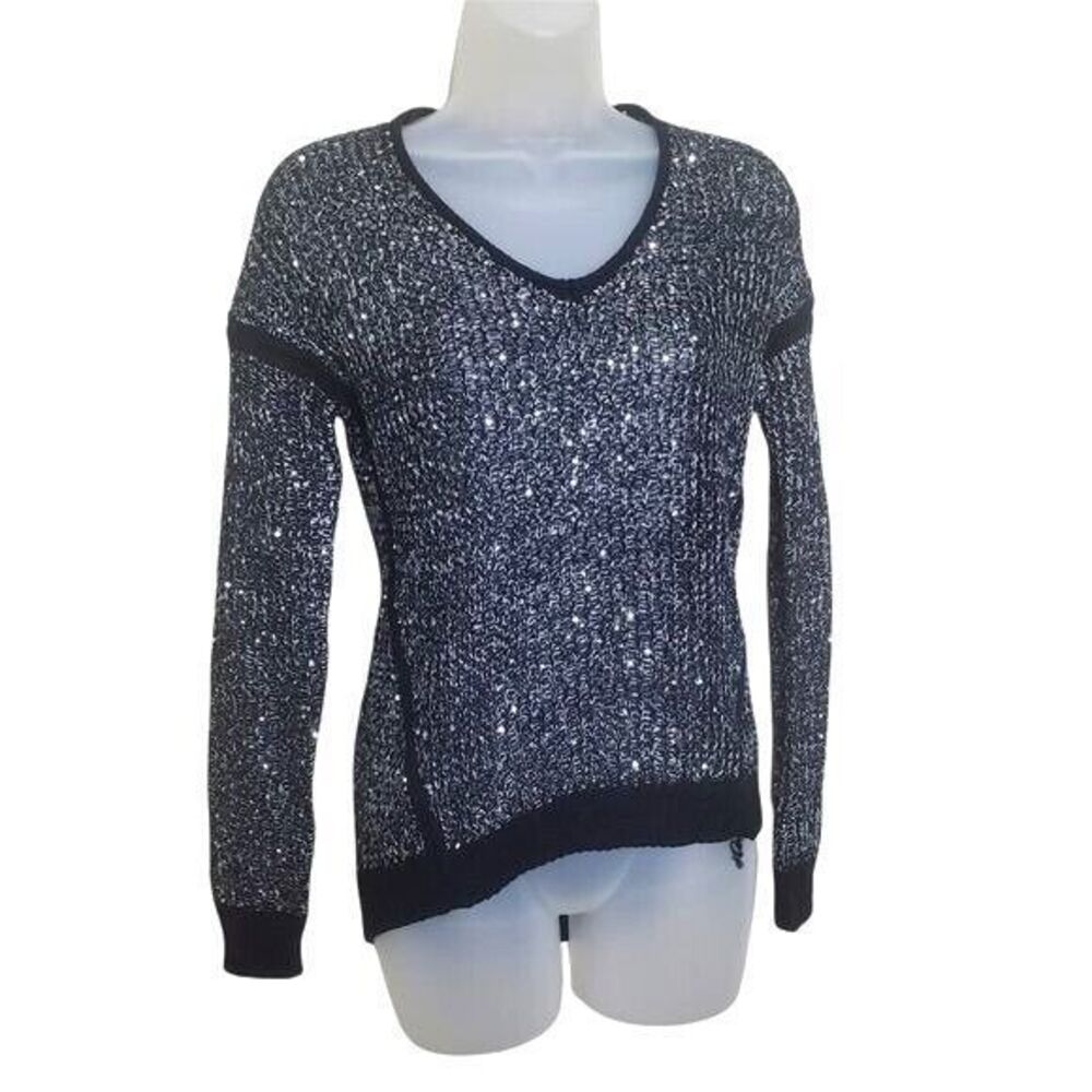DKNY JEANS Sequin Sweater Womens SP Black Silver Knit V-Neck High-Low Goth Witch